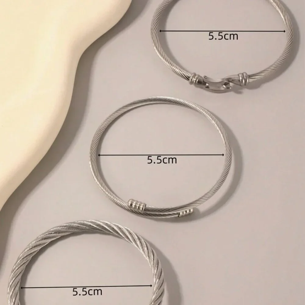 Silver Cable Twisted Wired  Bracelet  Three pieces Set Silver  Plated - Picture 5 of 6